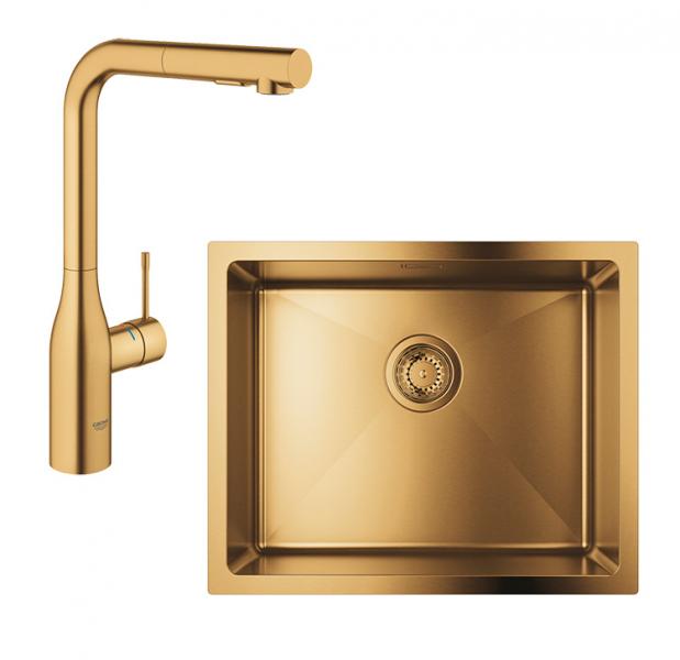 Grohe K700U rustfri st&aring;lvask inkl. Grohe Essence New k&oslash;kkenarmatur m/udtr&aelig;k - B&oslash;rstet cool sunrise