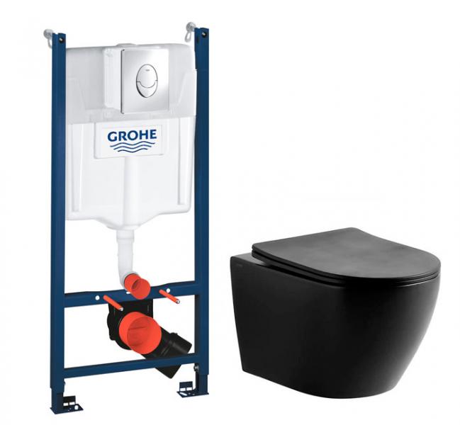 Lavabo Studio RIMless Mat sort toiletpakke inkl. s&aelig;de/soft-close, cisterne og krom betjening