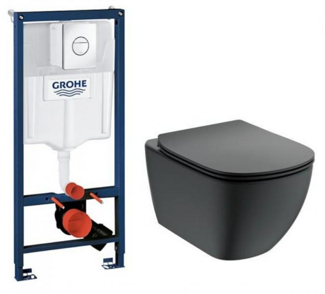 Ideal Standard Tesi mat sort toiletpakke inkl. s&aelig;de/soft-close, cisterne og krom betjening
