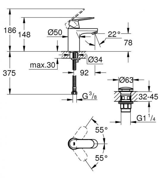 Grohe Get S h&aring;ndvaskarmatur m/push-open bundventil - Mat sort