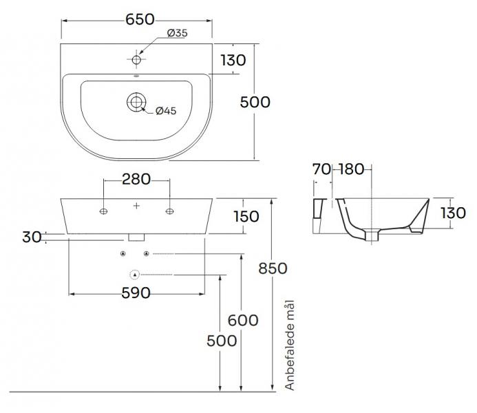 Lavabo Forma 65 håndvask t/væg eller møbel - 1 hanehul - Ash Lavabo Forma 65 håndvask t/væg eller møbel - 1 hanehul - Ash