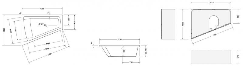 Duravit Paiova badekar t/indbygning - 170 x 130 - Venstre - 1 rygl&aelig;n
