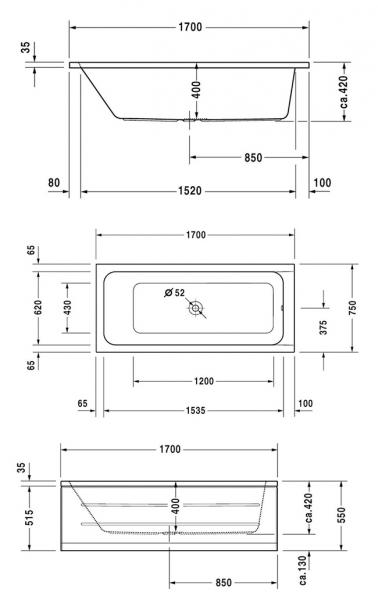 Duravit D-Code badekar t/indbygning - 170 x 75 - Afløb i midten - 1 ryglæn Duravit D-Code badekar t/indbygning - 170 x 75 - Afløb i midten - 1 ryglæn
