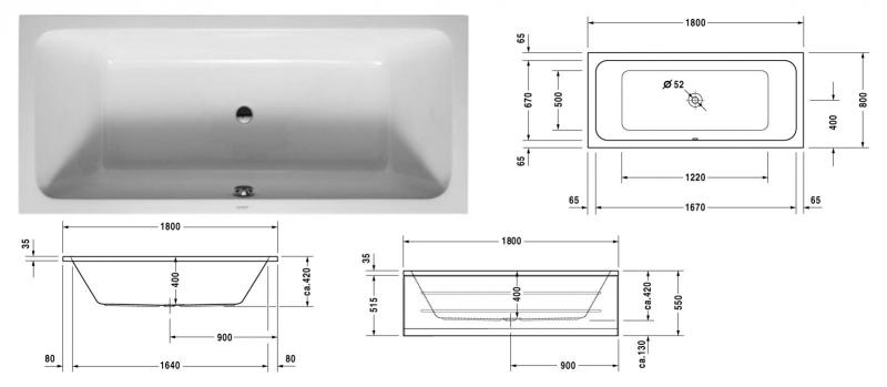Duravit D-Code badekar t/indbygning - 180 x 80 - 2 rygl&aelig;n