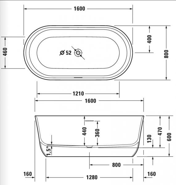 Duravit Soleil by Starck fritstående badekar 1600 x 800mm - Hvid Duravit Soleil by Starck fritstående badekar 1600 x 800mm - Hvid