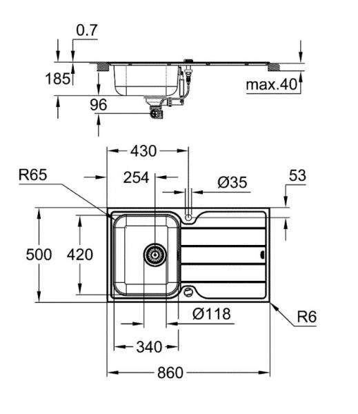 Grohe K500 45-S k&oslash;kkenvask m/afl&oslash;bsbakke i rustfrit st&aring;l