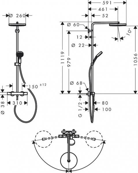 hansgrohe Pulsify S Puro 260 Showerpipe 1jet m/EcoSmart, EcoStat Fine og 3jet h&aring;ndbruser - Krom