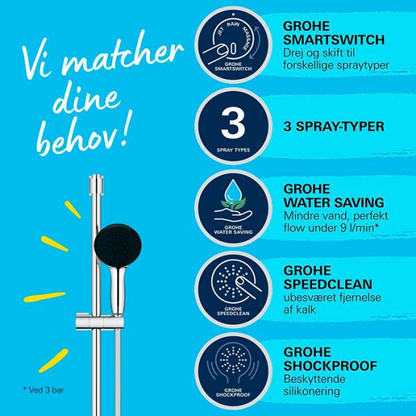 Grohe Vitalio Start 110 brusesæt 3 sprays m/Water Saving 900 mm Grohe Vitalio Start 110 brusesæt 3 sprays m/Water Saving 900 mm