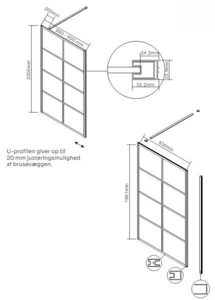Lavabo Walk In fast brusevæg - Klar glas/Mat sort - 90 cm Lavabo Walk In fast brusevæg - Klar glas/Mat sort - 90 cm